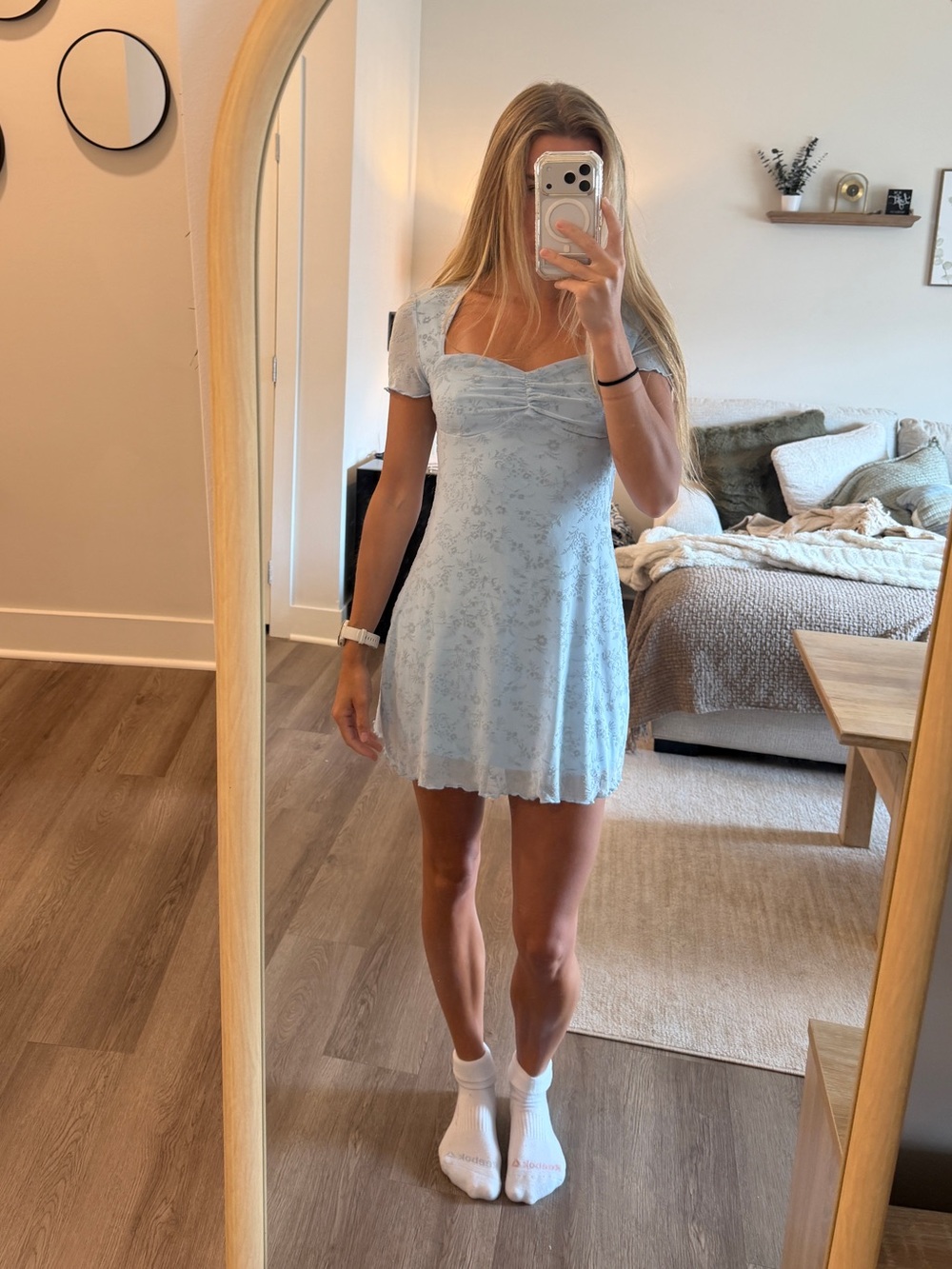 Light Blue Lace Short Sleeve Mini Dress